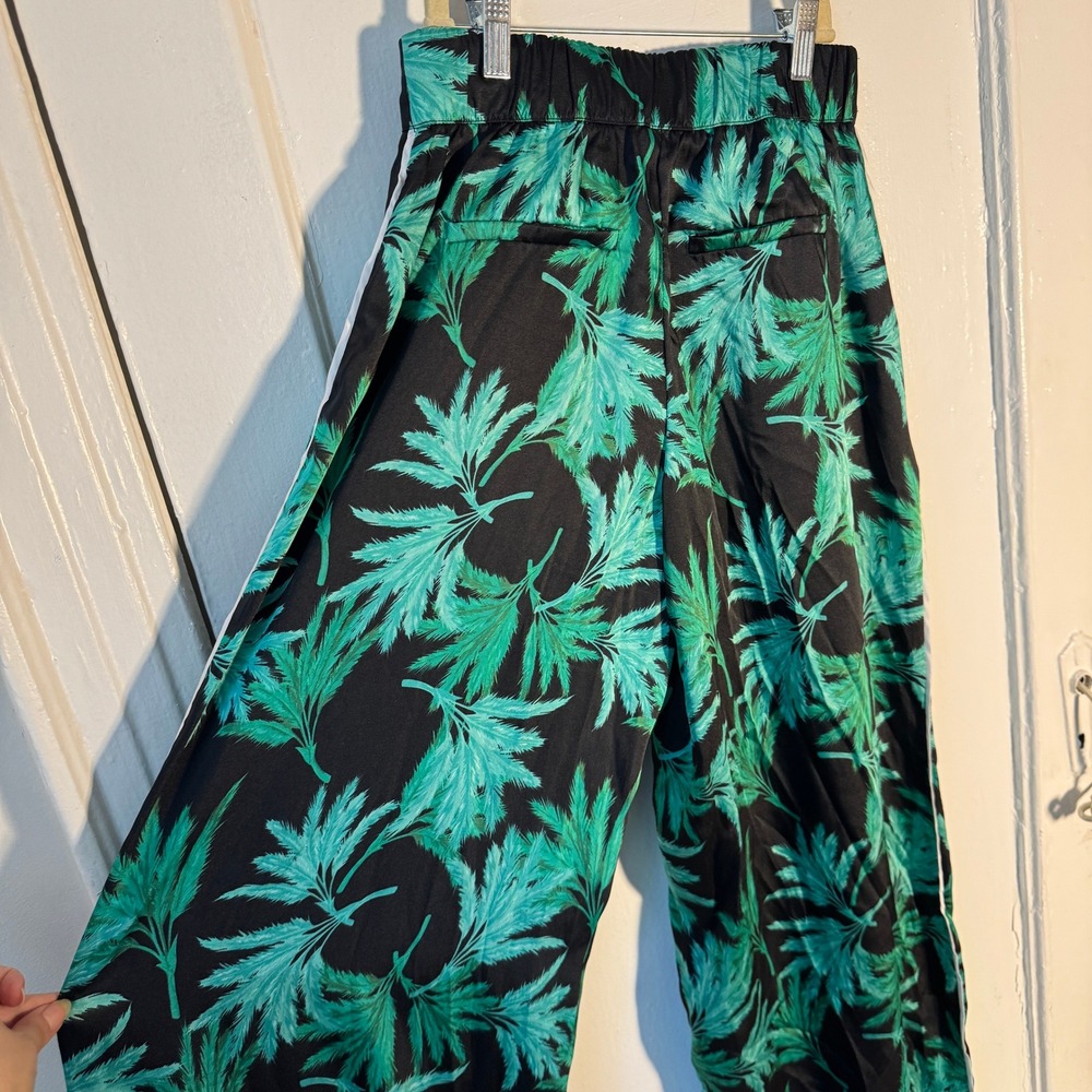 Green Tropical Palm Leaf Wide Leg Pants Black White Side Stripe Dopamine XS - Picture 9 of 11